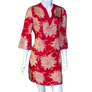 Olga Kapustina Red Chrysanthemum Shift Dress 8 Linen Silk